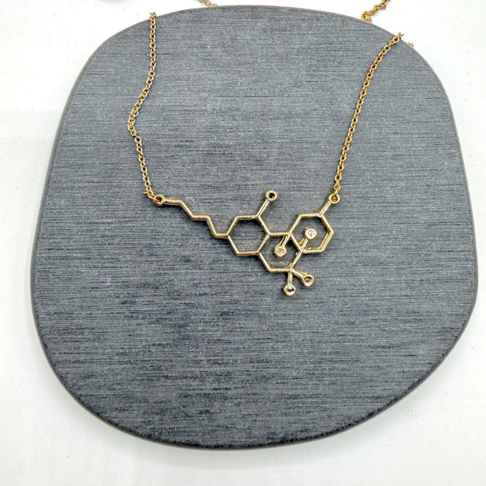Gold Tone THC Molecule Necklace Cannabis Chemistry Science Marijuana Pendant